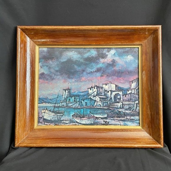 Vintage Cesare Seacoast Village Print in Wood Frame w/ Gold Trim